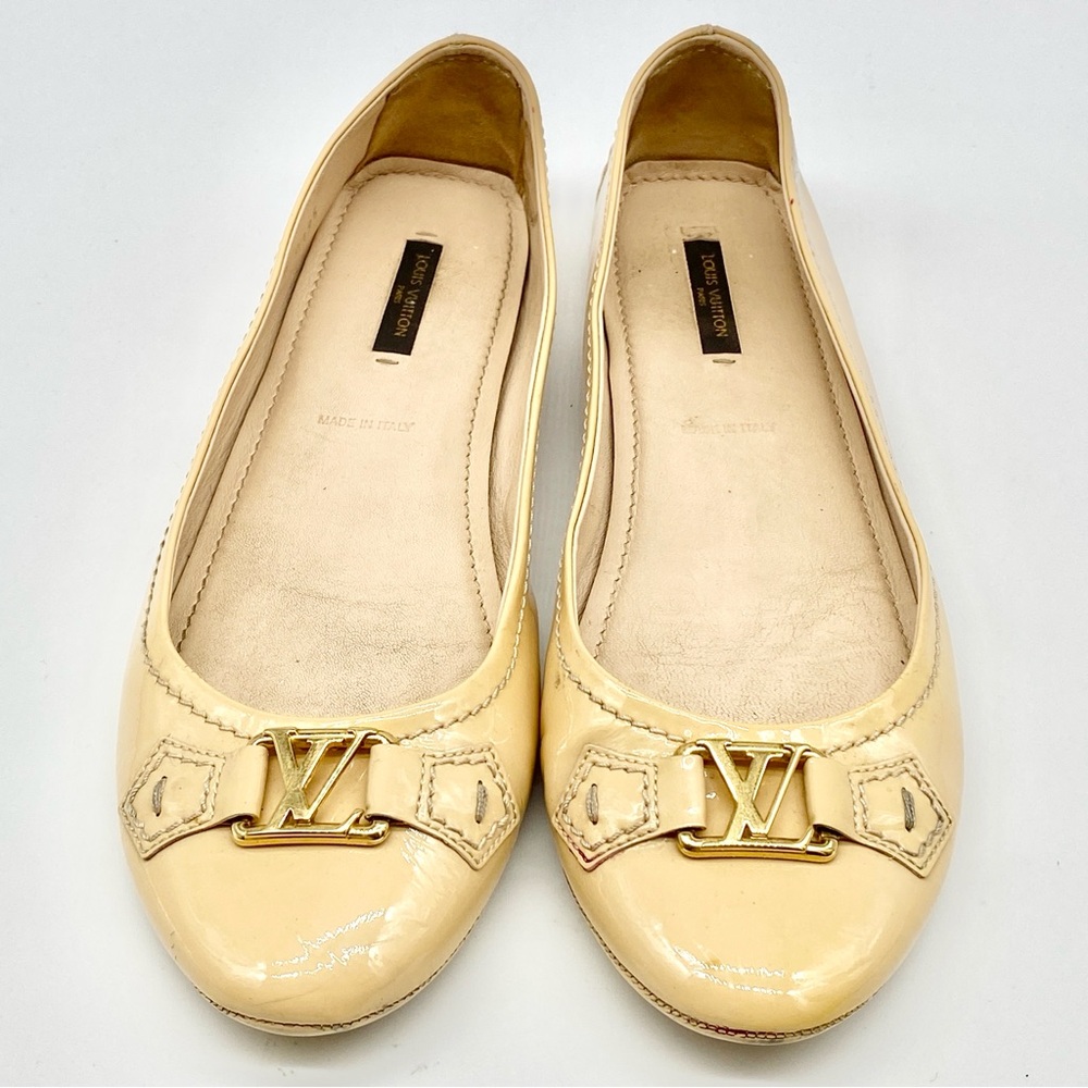 LOUIS VUITTON NUDE BEIGE PATENT LEATHER OXFORD BALLERINA FLATS SHOES 39.5 / 9